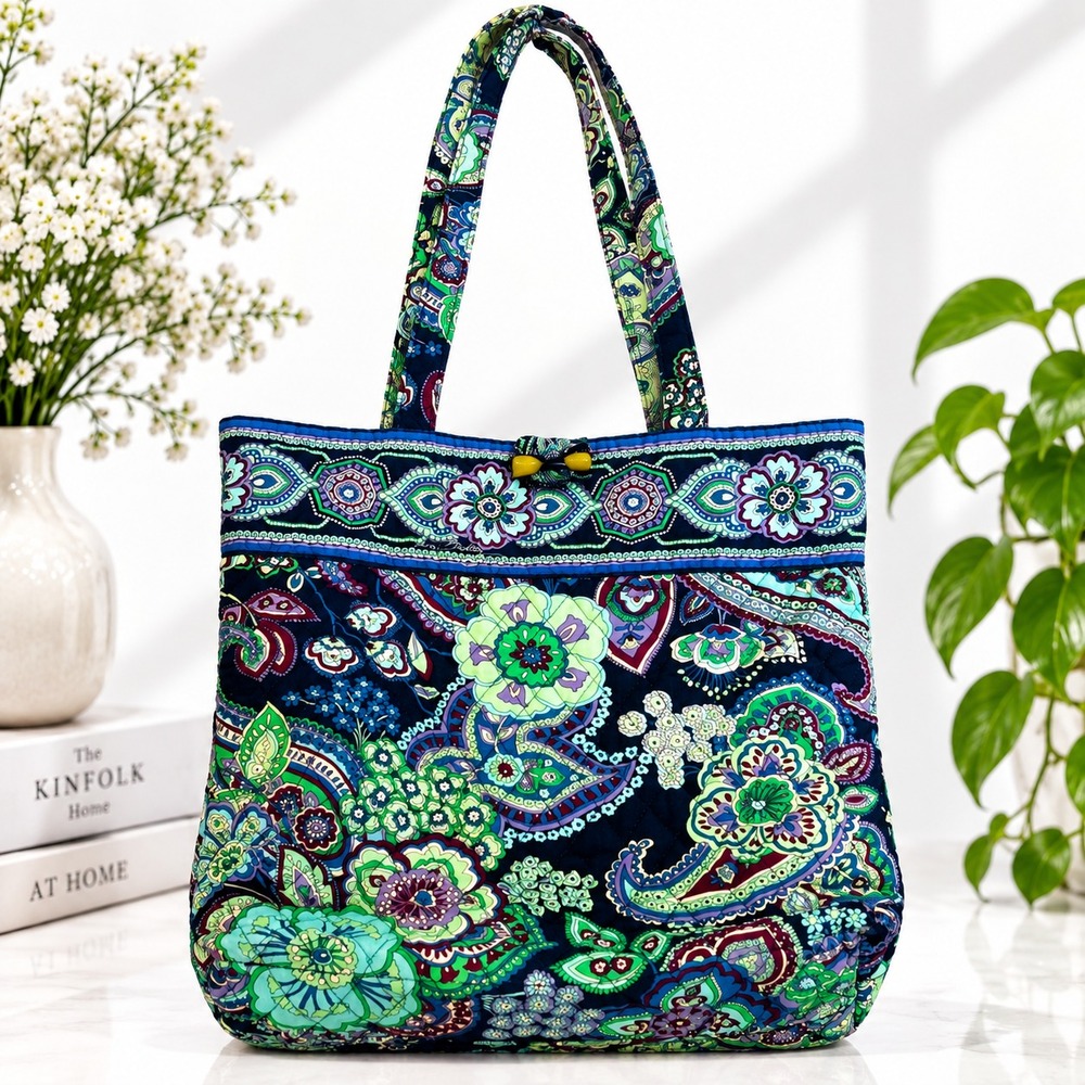 Vera Bradley Morgan Quilted Cotton Vintage Blue Green Tote Purse Toggle Closure